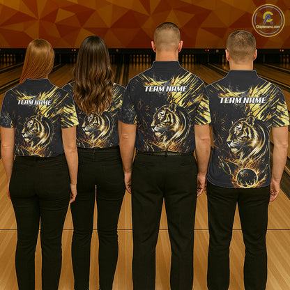 Black And Gold Flames Tiger Bowling Polo 1/4 Zip Shirt For Men Custom Tiger Bowling Team Jersey NYN4131