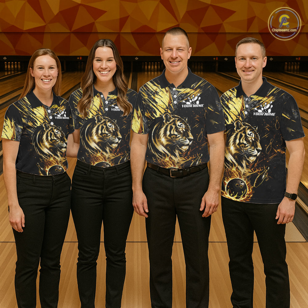 Black And Gold Flames Tiger Bowling Polo 1/4 Zip Shirt For Men Custom Tiger Bowling Team Jersey NYN4131