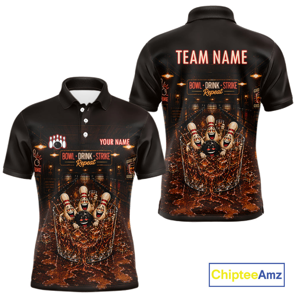 Funny Drink Strike Bowling Ball & Pins Bowling Shirts For Men Custom Name Bowling Team Jersey NYN4135