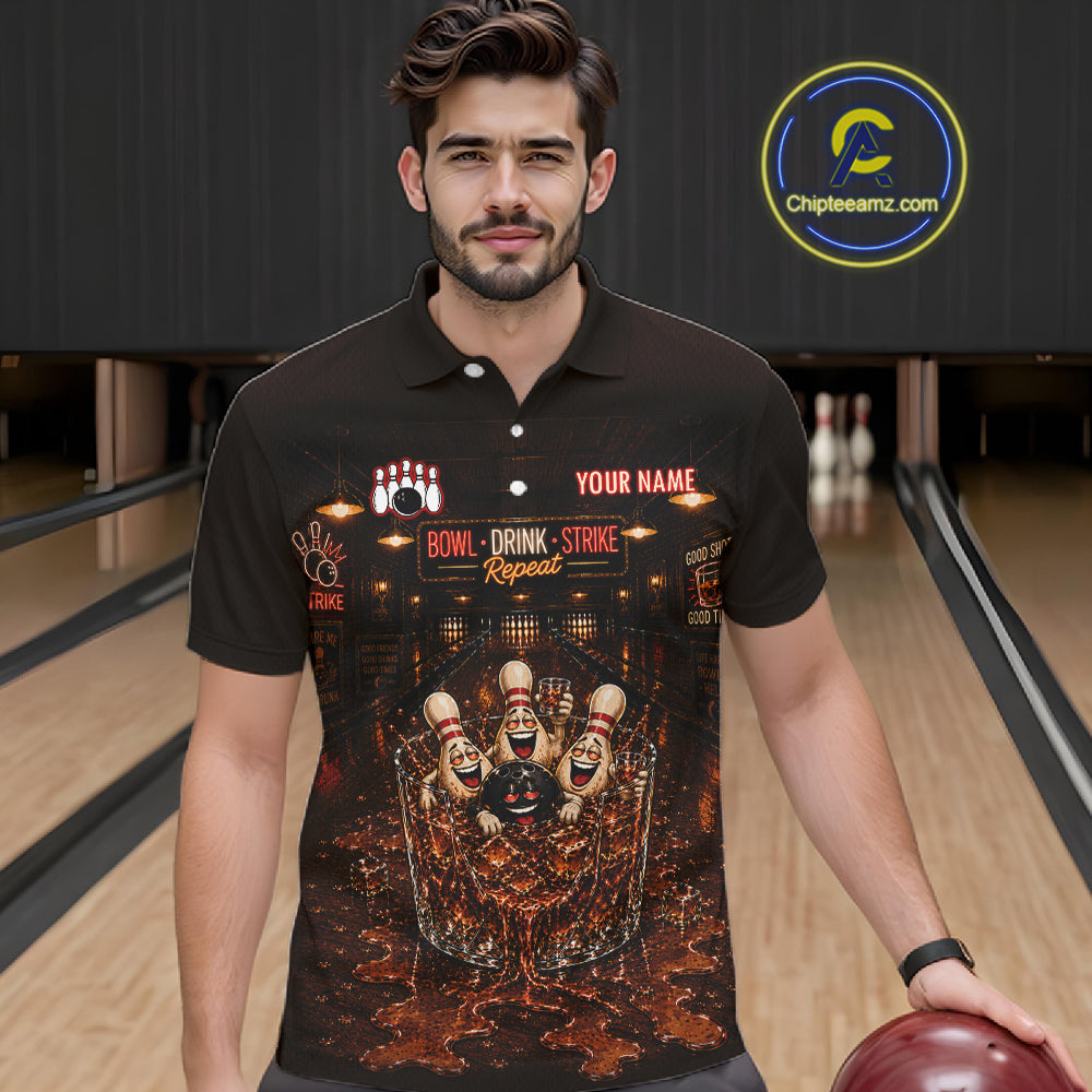 Funny Drink Strike Bowling Ball & Pins Bowling Shirts For Men Custom Name Bowling Team Jersey NYN4135