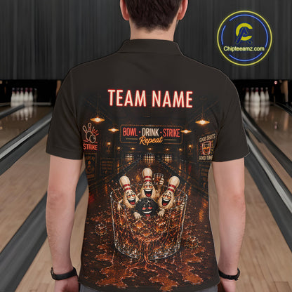 Funny Drink Strike Bowling Ball & Pins Bowling Shirts For Men Custom Name Bowling Team Jersey NYN4135