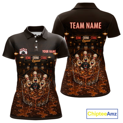 Funny Drink Strike Bowling Ball & Pins Bowling Shirts For Women Custom Name Bowling Team Jersey NYN4135