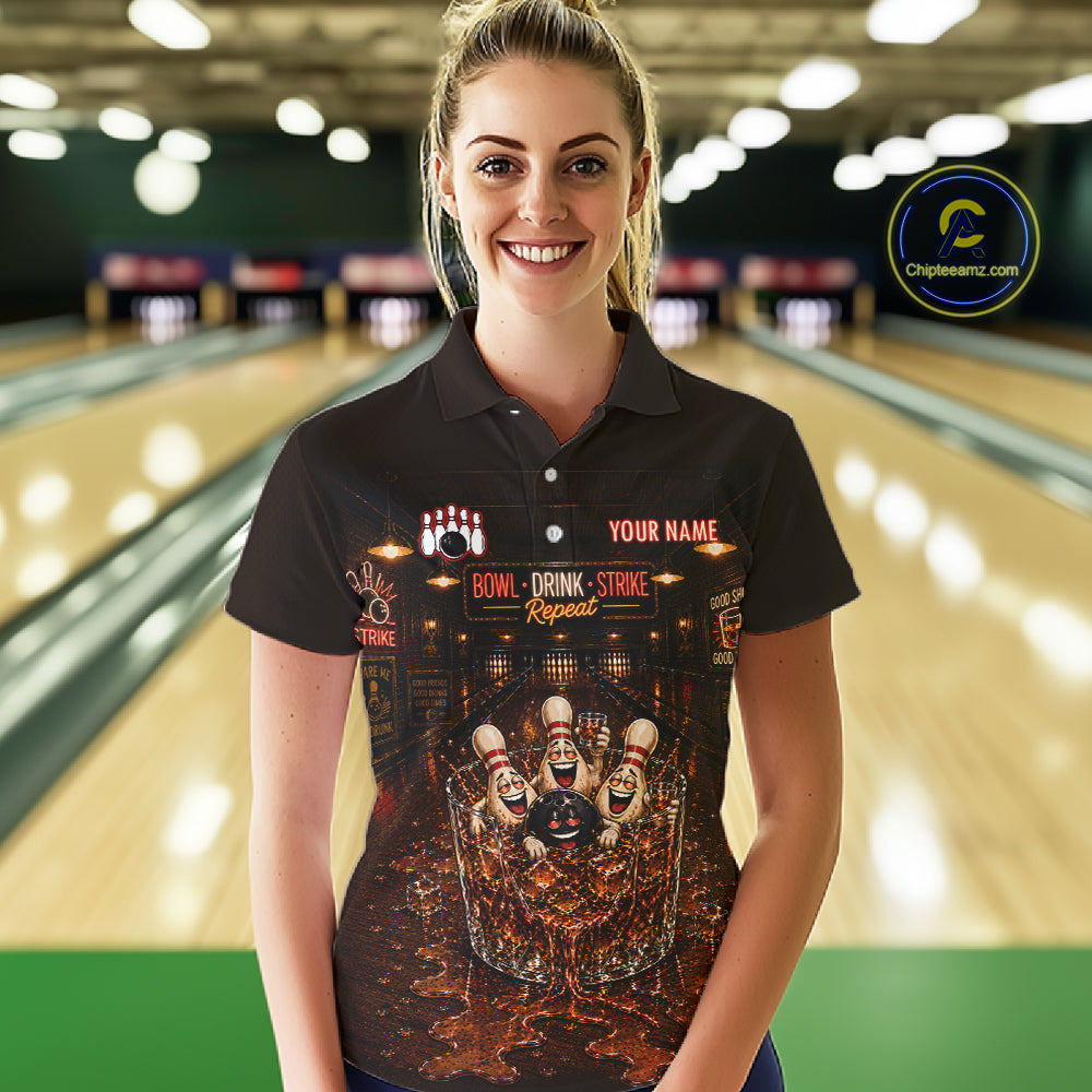 Funny Drink Strike Bowling Ball & Pins Bowling Shirts For Women Custom Name Bowling Team Jersey NYN4135