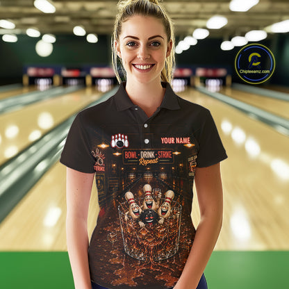 Funny Drink Strike Bowling Ball & Pins Bowling Shirts For Women Custom Name Bowling Team Jersey NYN4135