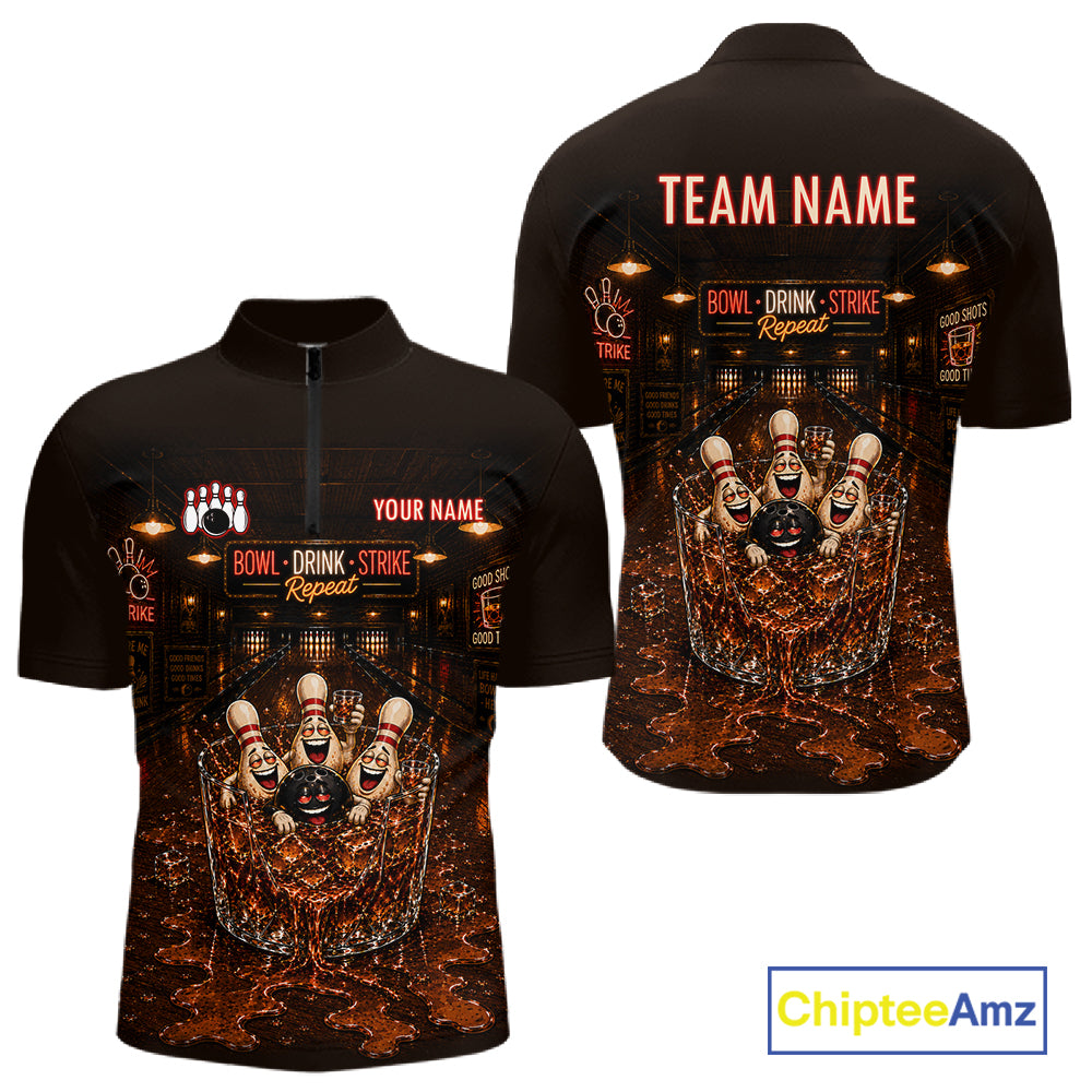 Funny Drink Strike Bowling Ball & Pins Bowling Shirts For Men Custom Name Bowling Team Jersey NYN4135
