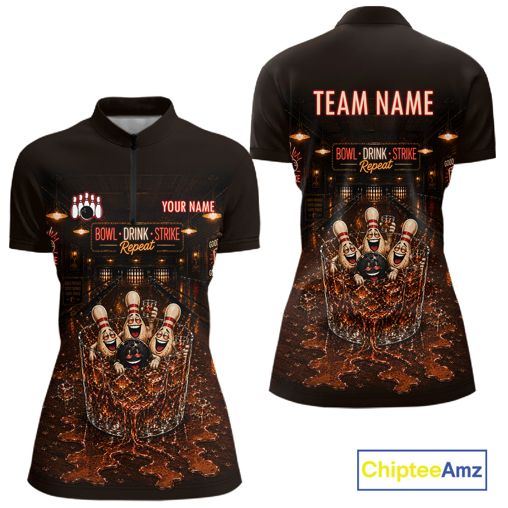 Funny Drink Strike Bowling Ball & Pins Bowling Shirts For Women Custom Name Bowling Team Jersey NYN4135