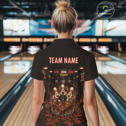 Funny Drink Strike Bowling Ball & Pins Bowling Shirts For Women Custom Name Bowling Team Jersey NYN4135