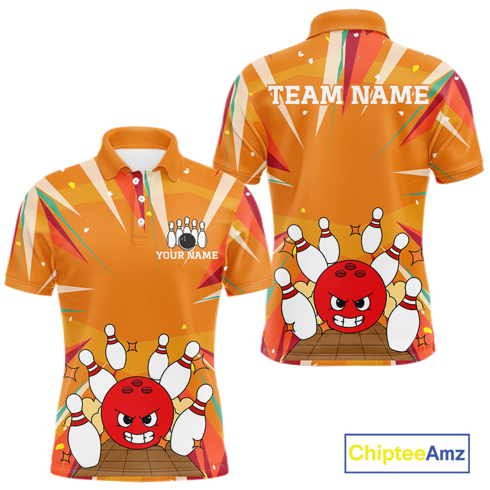 Orange Strike Angry Bowling Ball Bowling Polo 1/4 Zip Shirt For Men Custom Bowling Team Jersey NYN4137