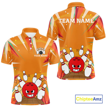 Orange Strike Angry Bowling Ball Bowling Polo 1/4 Zip Shirt For Men Custom Bowling Team Jersey NYN4137