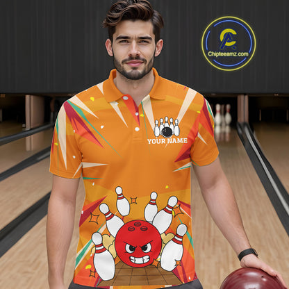 Orange Strike Angry Bowling Ball Bowling Polo 1/4 Zip Shirt For Men Custom Bowling Team Jersey NYN4137