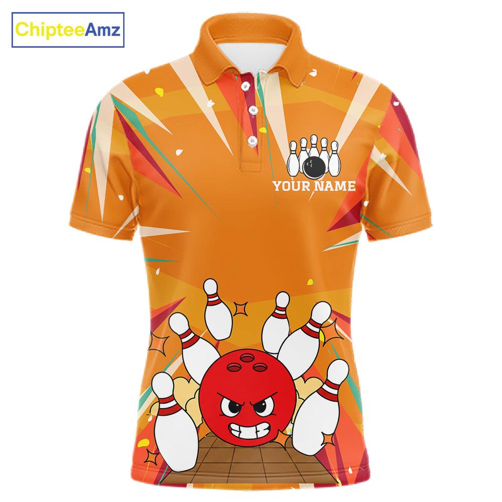 Orange Strike Angry Bowling Ball Bowling Polo 1/4 Zip Shirt For Men Custom Bowling Team Jersey NYN4137
