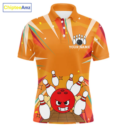 Orange Strike Angry Bowling Ball Bowling Polo 1/4 Zip Shirt For Men Custom Bowling Team Jersey NYN4137