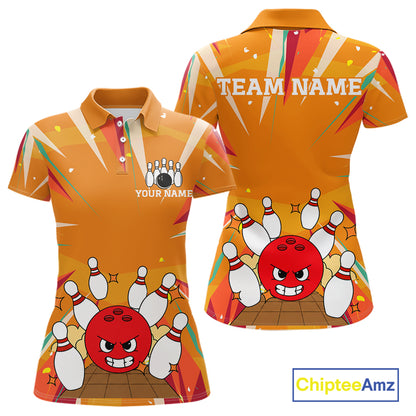 Orange Strike Angry Bowling Ball Bowling Polo 1/4 Zip Shirt For Women Custom Bowling Team Jersey NYN4137
