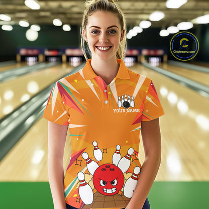 Orange Strike Angry Bowling Ball Bowling Polo 1/4 Zip Shirt For Women Custom Bowling Team Jersey NYN4137