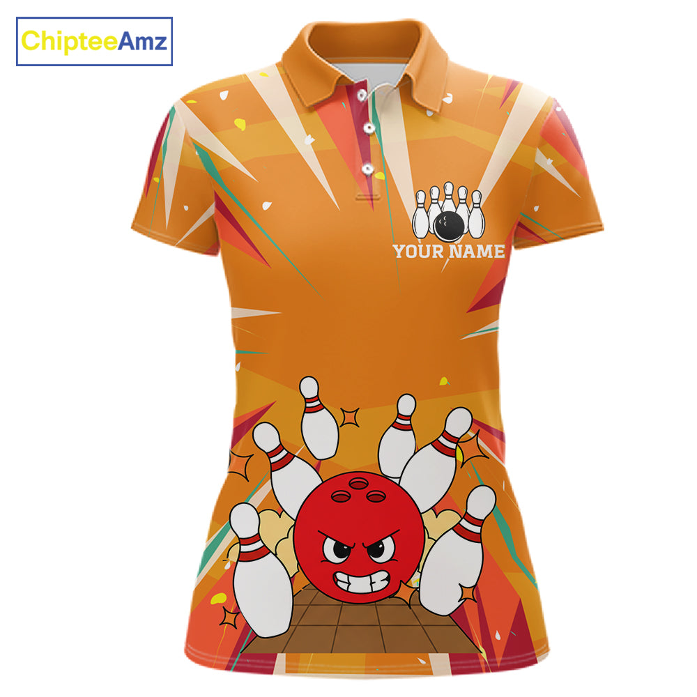 Orange Strike Angry Bowling Ball Bowling Polo 1/4 Zip Shirt For Women Custom Bowling Team Jersey NYN4137