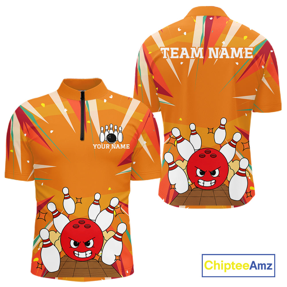 Orange Strike Angry Bowling Ball Bowling Polo 1/4 Zip Shirt For Men Custom Bowling Team Jersey NYN4137