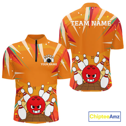 Orange Strike Angry Bowling Ball Bowling Polo 1/4 Zip Shirt For Men Custom Bowling Team Jersey NYN4137