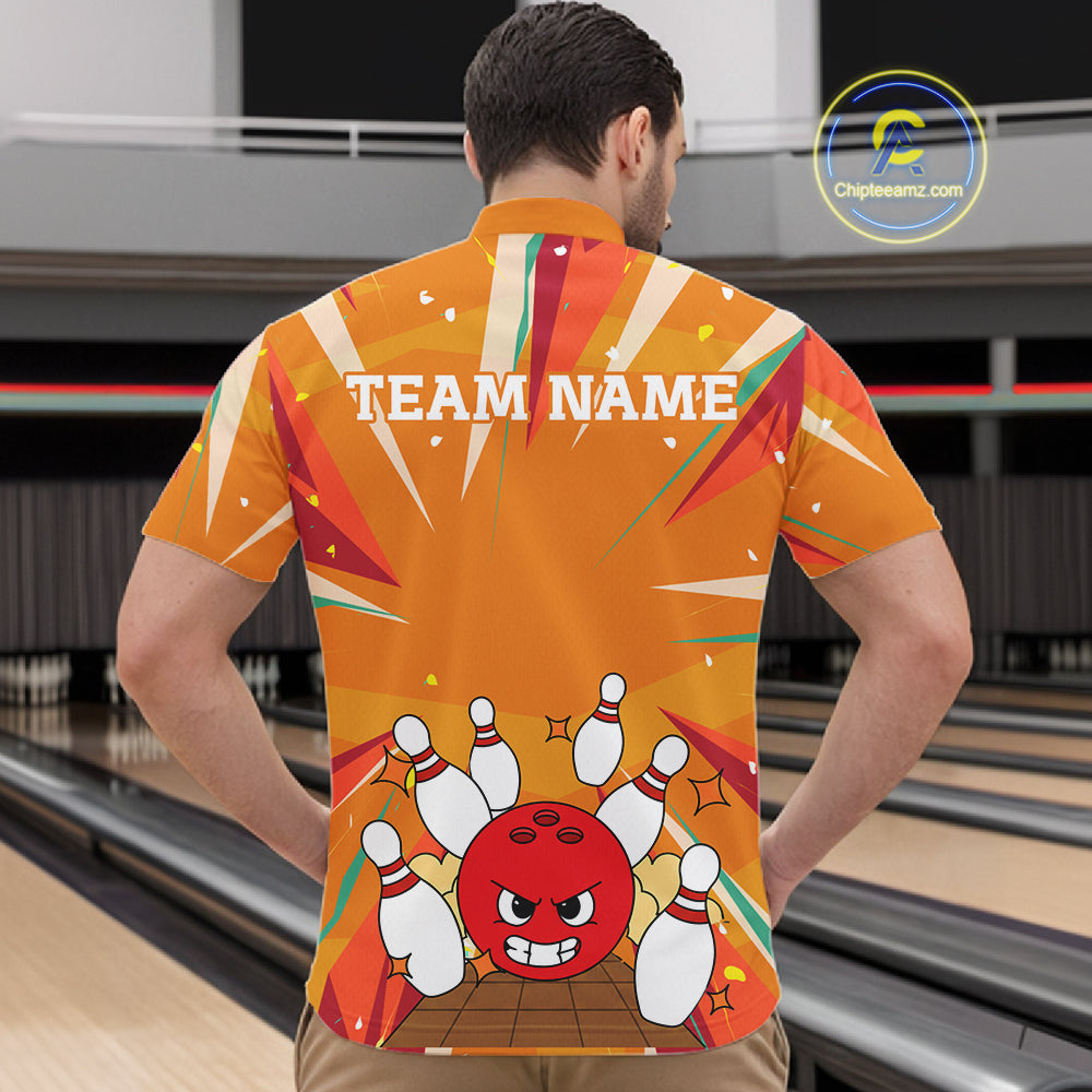Orange Strike Angry Bowling Ball Bowling Polo 1/4 Zip Shirt For Men Custom Bowling Team Jersey NYN4137