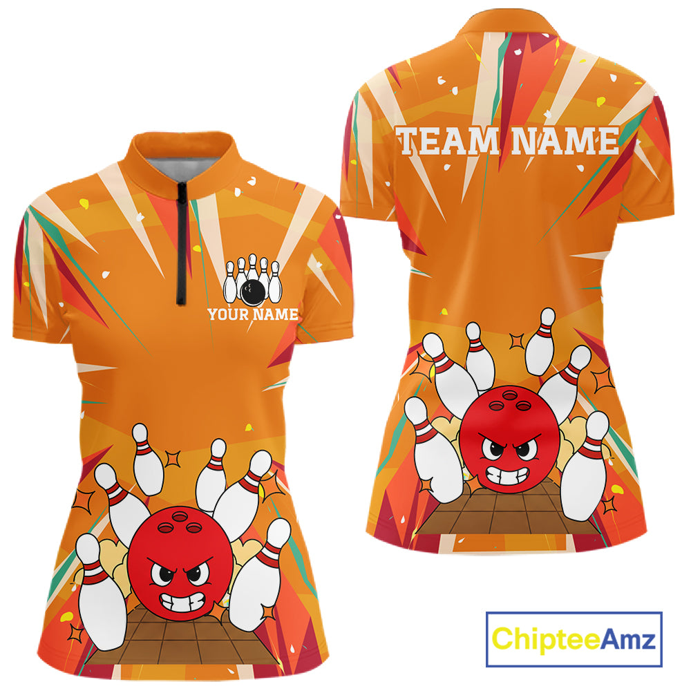 Orange Strike Angry Bowling Ball Bowling Polo 1/4 Zip Shirt For Women Custom Bowling Team Jersey NYN4137