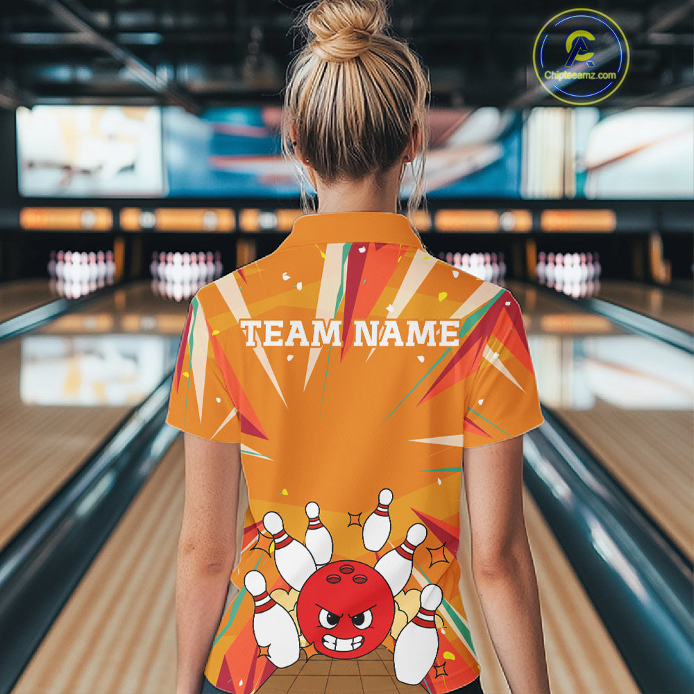 Orange Strike Angry Bowling Ball Bowling Polo 1/4 Zip Shirt For Women Custom Bowling Team Jersey NYN4137