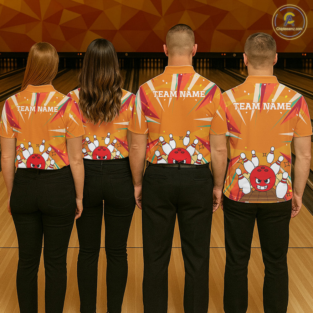 Orange Strike Angry Bowling Ball Bowling Polo 1/4 Zip Shirt For Women Custom Bowling Team Jersey NYN4137