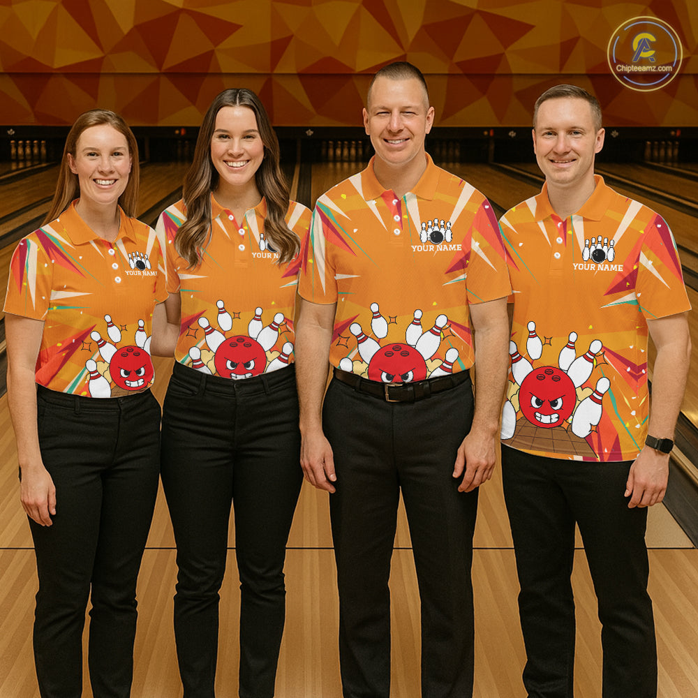 Orange Strike Angry Bowling Ball Bowling Polo 1/4 Zip Shirt For Women Custom Bowling Team Jersey NYN4137