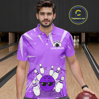 Purple Strike Cool Bowling Ball Bowling Polo 1/4 Zip Shirt For Men Custom Bowling Team Jersey NYN4138