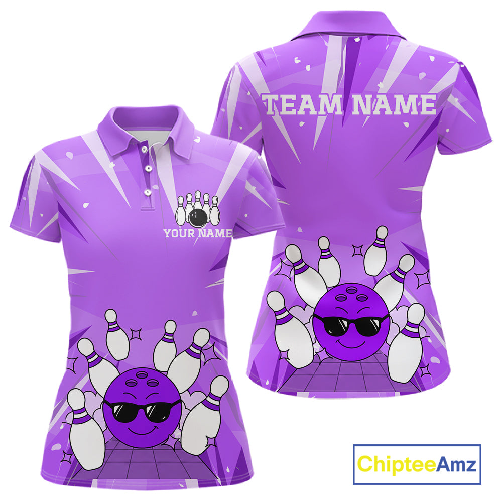 Purple Strike Cool Bowling Ball Bowling Polo 1/4 Zip Shirt For Women Custom Bowling Team Jersey NYN4138