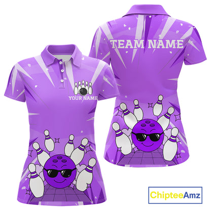Purple Strike Cool Bowling Ball Bowling Polo 1/4 Zip Shirt For Women Custom Bowling Team Jersey NYN4138