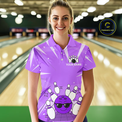 Purple Strike Cool Bowling Ball Bowling Polo 1/4 Zip Shirt For Women Custom Bowling Team Jersey NYN4138
