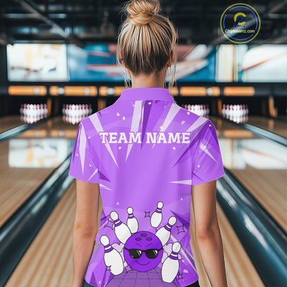 Purple Strike Cool Bowling Ball Bowling Polo 1/4 Zip Shirt For Women Custom Bowling Team Jersey NYN4138