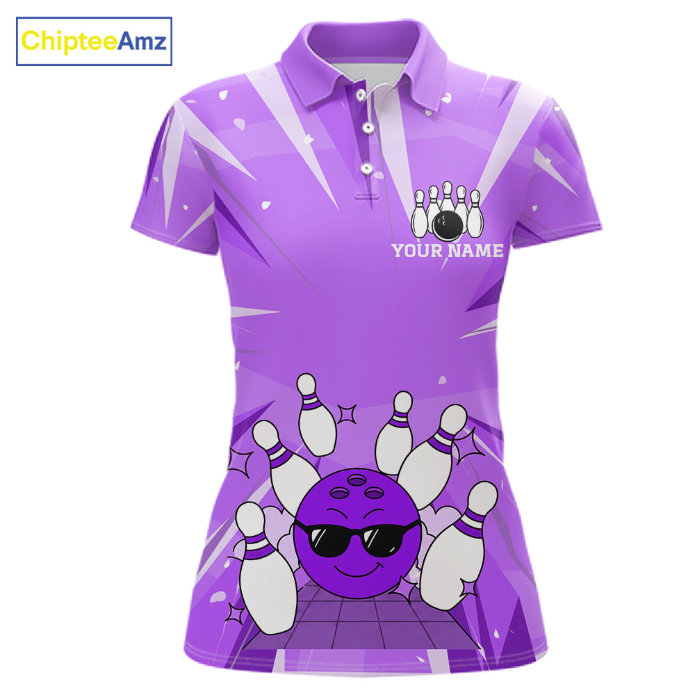 Purple Strike Cool Bowling Ball Bowling Polo 1/4 Zip Shirt For Women Custom Bowling Team Jersey NYN4138