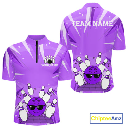 Purple Strike Cool Bowling Ball Bowling Polo 1/4 Zip Shirt For Men Custom Bowling Team Jersey NYN4138