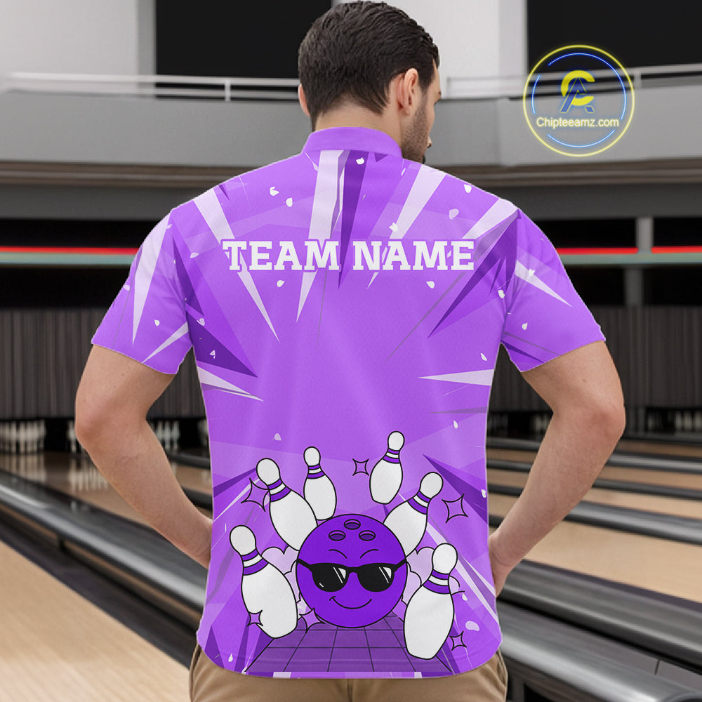 Purple Strike Cool Bowling Ball Bowling Polo 1/4 Zip Shirt For Men Custom Bowling Team Jersey NYN4138