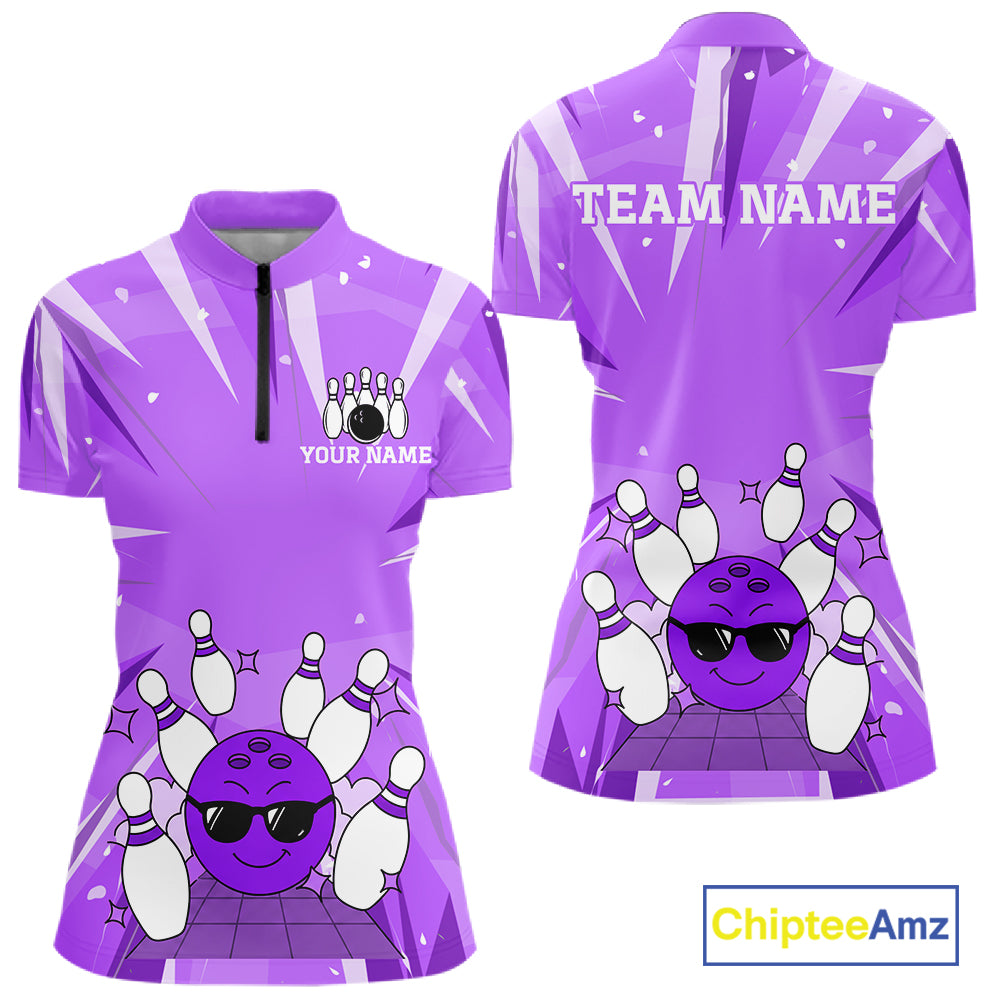 Purple Strike Cool Bowling Ball Bowling Polo 1/4 Zip Shirt For Women Custom Bowling Team Jersey NYN4138