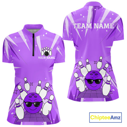 Purple Strike Cool Bowling Ball Bowling Polo 1/4 Zip Shirt For Women Custom Bowling Team Jersey NYN4138