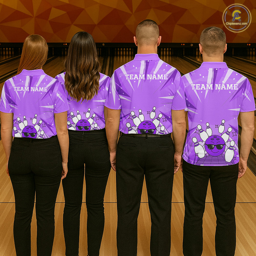 Purple Strike Cool Bowling Ball Bowling Polo 1/4 Zip Shirt For Men Custom Bowling Team Jersey NYN4138
