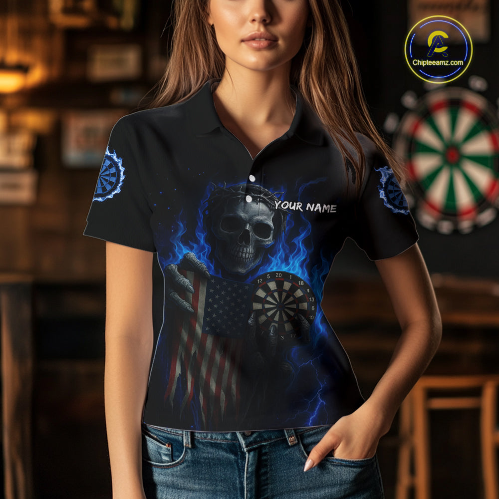 Custom Blue Flames Skeleton USA Flag Dart Women Polo Jerseys Patriotic Dart Team Shirt NYN1698