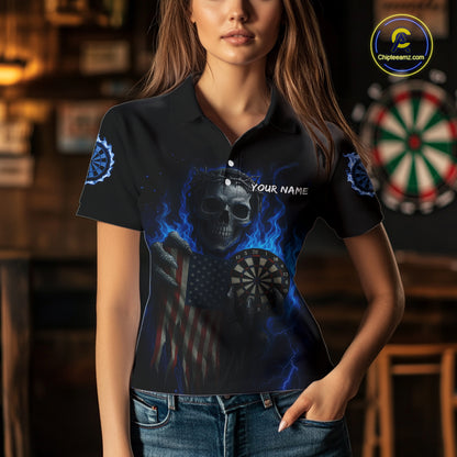 Custom Blue Flames Skeleton USA Flag Dart Women Polo Jerseys Patriotic Dart Team Shirt NYN1698