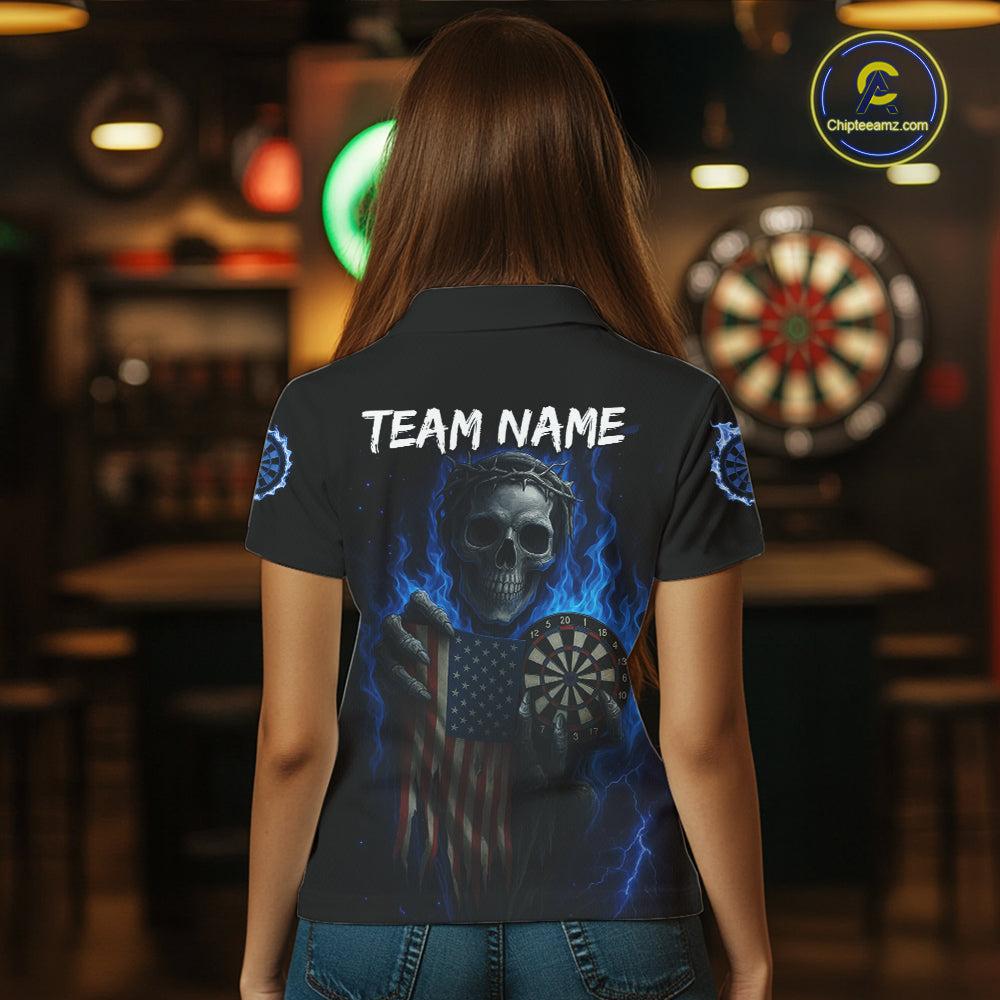 Custom Blue Flames Skeleton USA Flag Dart Women Polo Jerseys Patriotic Dart Team Shirt NYN1698