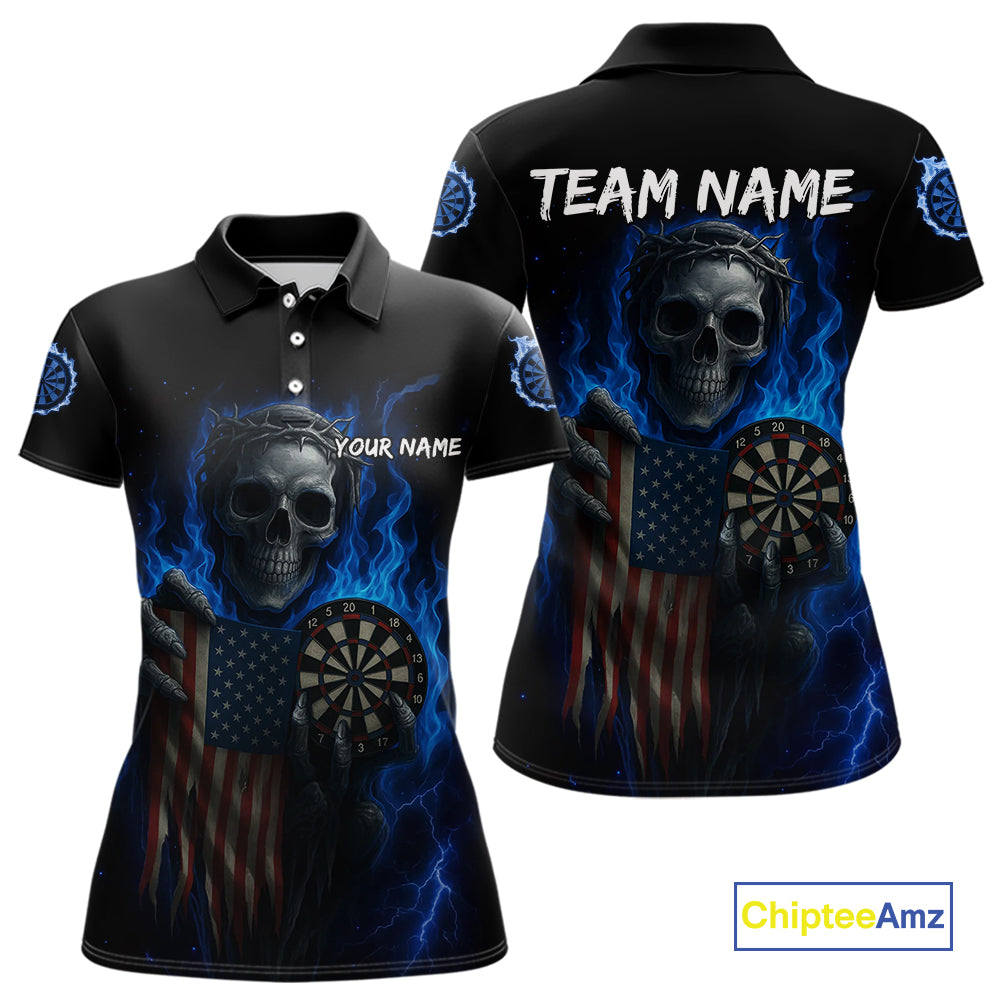 Custom Blue Flames Skeleton USA Flag Dart Women Polo Jerseys Patriotic Dart Team Shirt NYN1698