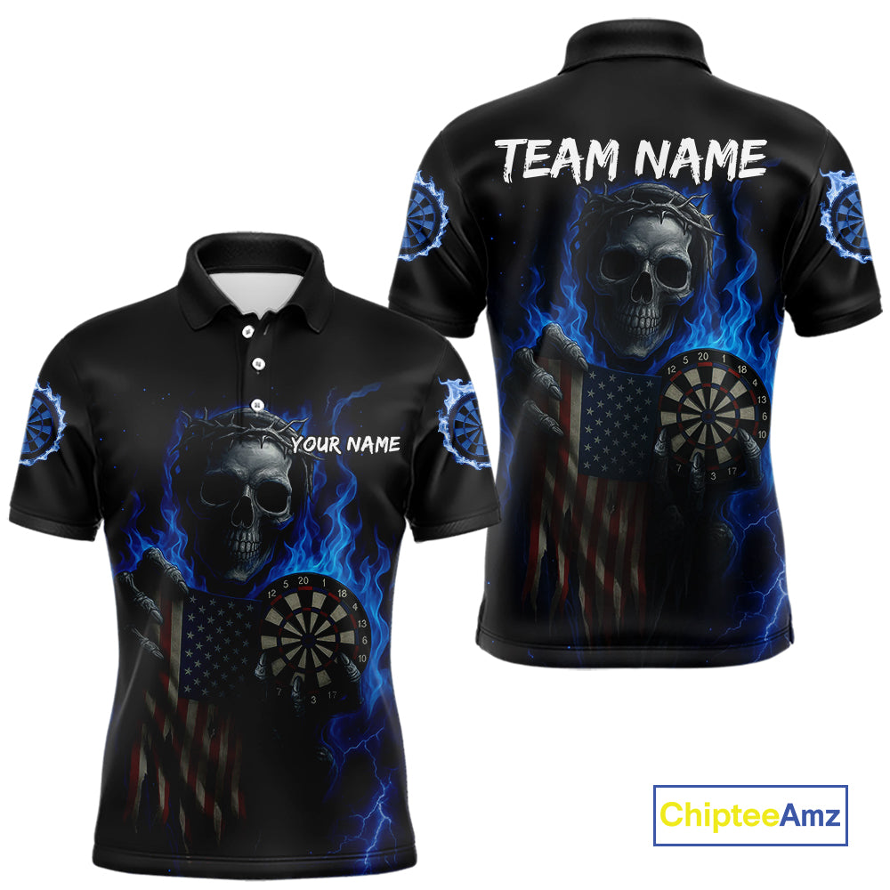 Custom Blue Flames Skeleton USA Flag Dart Men Polo Jerseys Patriotic Dart Team Shirt NYN1698