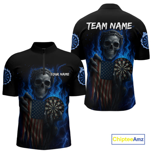 Custom Blue Flames Skeleton USA Flag Dart Men 1/4-Zip Jerseys Patriotic Dart Team Shirt NYN1698