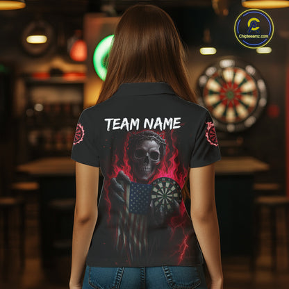 Custom Red Flames Skeleton USA Flag Dart Women Polo Jerseys Patriotic Dart Team Shirt NYN1699