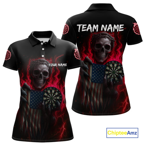 Custom Red Flames Skeleton USA Flag Dart Women Polo Jerseys Patriotic Dart Team Shirt NYN1699