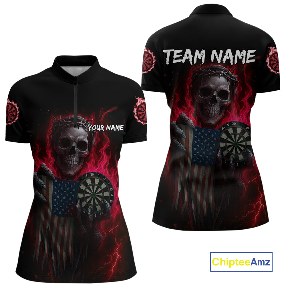 Custom Red Flames Skeleton USA Flag Dart Women 1/4-Zip Jerseys Patriotic Dart Team Shirt NYN1699