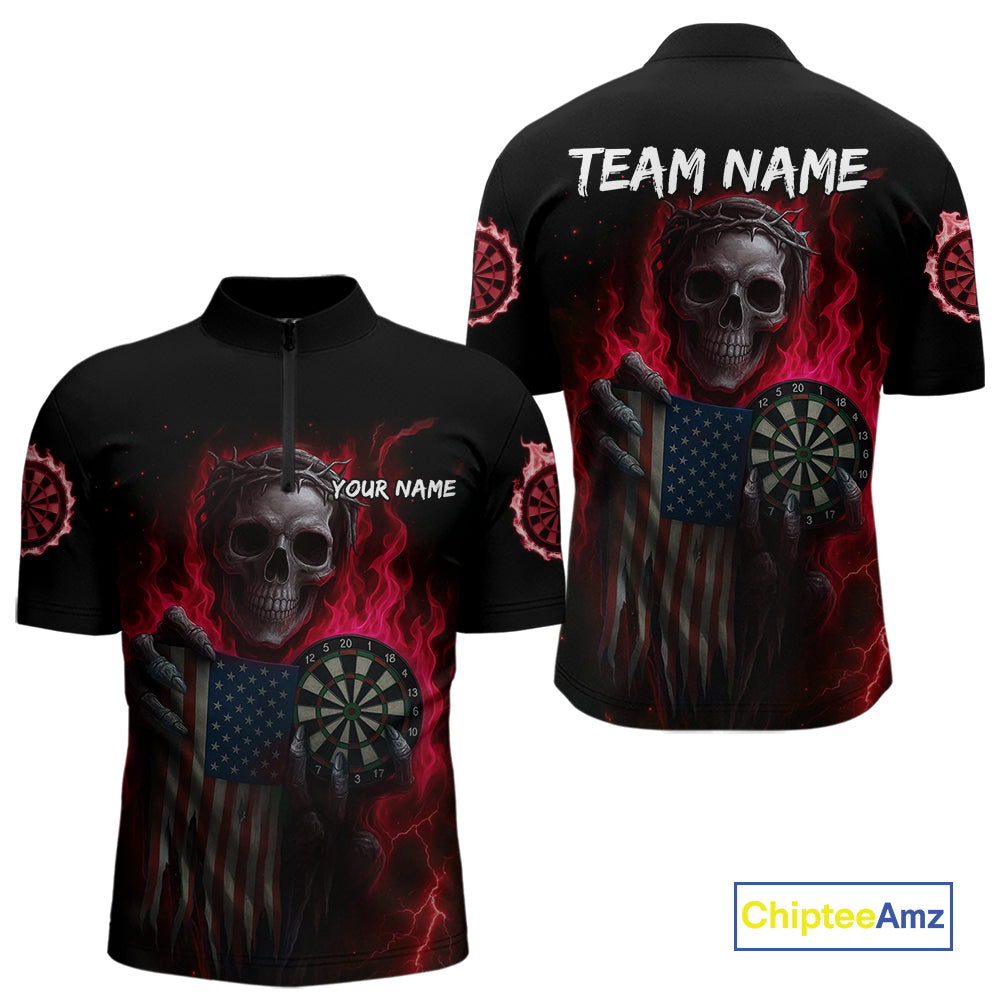 Custom Red Flames Skeleton USA Flag Dart Men 1/4-Zip Jerseys Patriotic Dart Team Shirt NYN1699