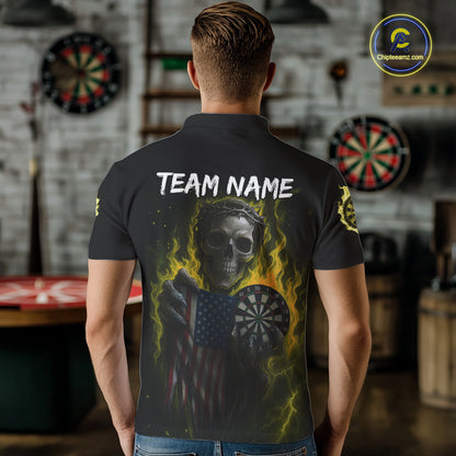Custom Yellow Flames Skeleton USA Flag Dart Men Polo Jerseys Patriotic Dart Team Shirt NYN1700