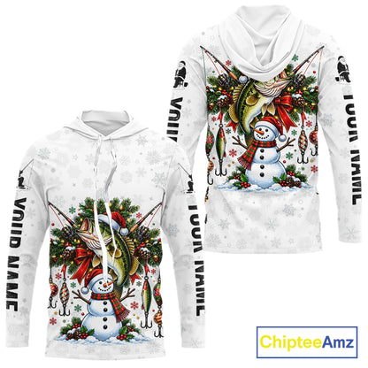 Custom Christmas Bass Fishing Shirt Snowman Fishing Rod Long Sleeve Apparel Xmas Gift For Fishermen NYN4880