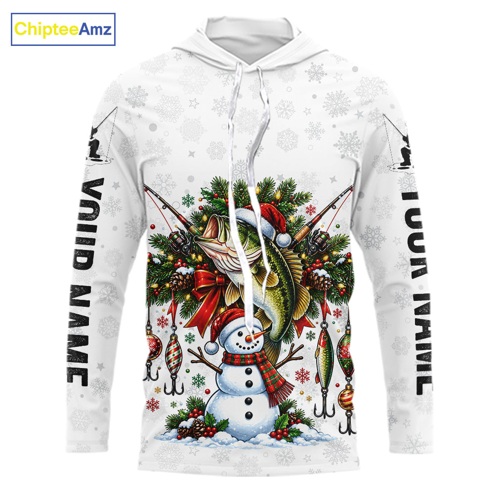 Custom Christmas Bass Fishing Shirt Snowman Fishing Rod Long Sleeve Apparel Xmas Gift For Fishermen NYN4880